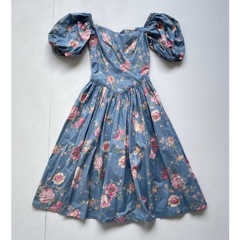 Vtg 80s Blue Floral Puff Sleeve Sweetheart Full Dress / Sz S Prom Cottagecore